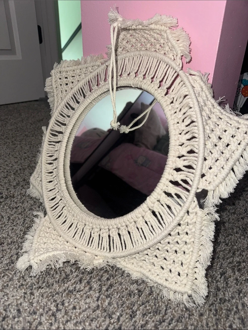 Handcrafted Cream Macramé Round Wall Mirror - Boho Accent